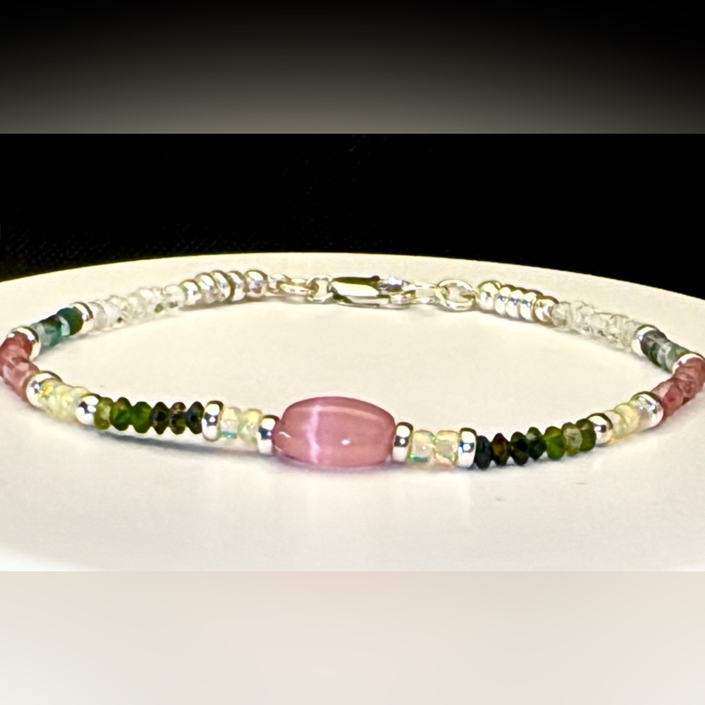Tourmaline Bracelet with a Vintage Acrylic Cats Eye in Sterling Silver